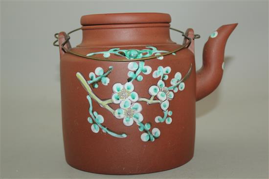 A Chinese Yixing enamelled pottery teapot and cover, second half 19th century, height 14cm excl. handle